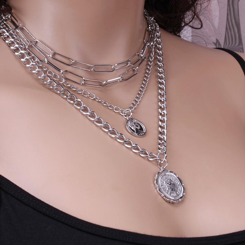 Jewelry Personality Round Card Coin Pendant Necklace Men's Hip Hop Trendy Portrait Multilayer Thick Chain Necklace