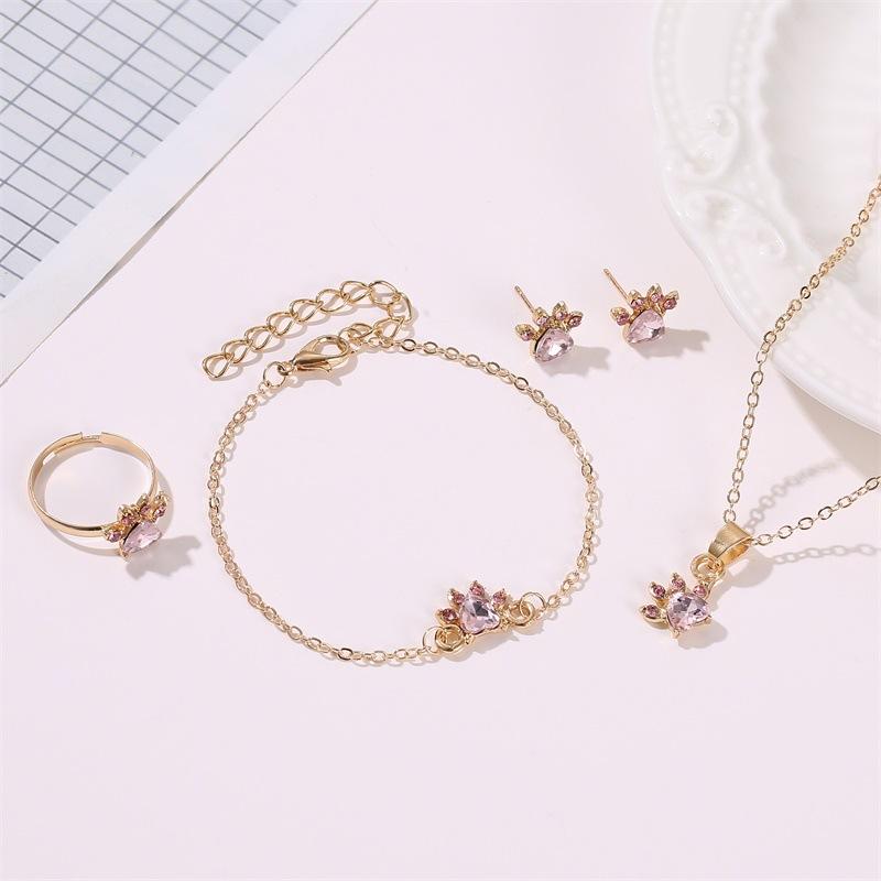 Fashion Set Cute Cartoon Cat Claw Necklace Earrings Four-Piece Set Cat Footprint Zircon Ring Bracelet Female