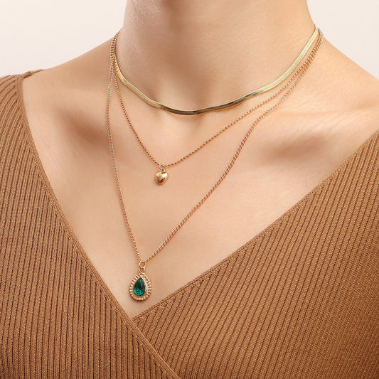Jewelry trend multi-layer flat snake chain imitation green agate necklace female ins creative niche design sense
