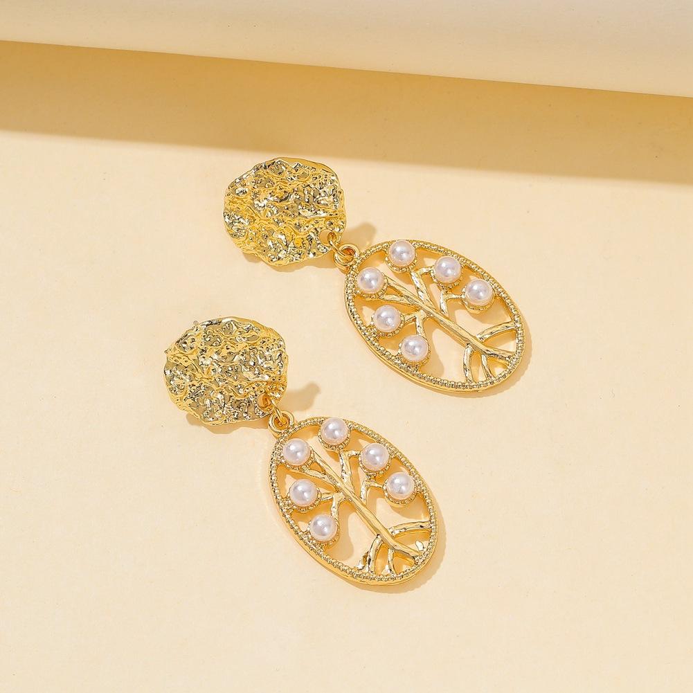 Earrings Creative Oval Tree of Life Metal Irregular Geometric Versatile Pearl Earrings