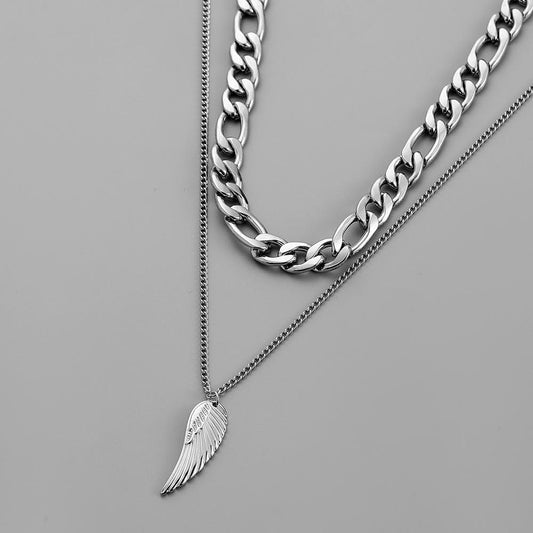 Fashion Men Domineering Trend Cool Simple Stainless Steel Double Chain Wings Pendant Necklace Street