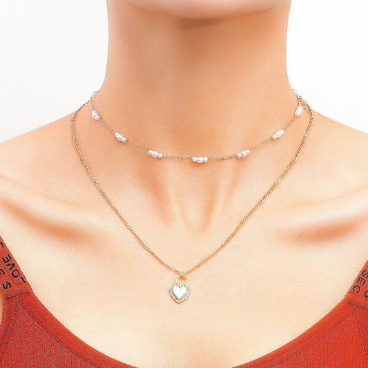 Jewelry Imitation Pearl Double Heart Pendant Necklace Sweater Chain Fashion Versatile Personality Design Necklace