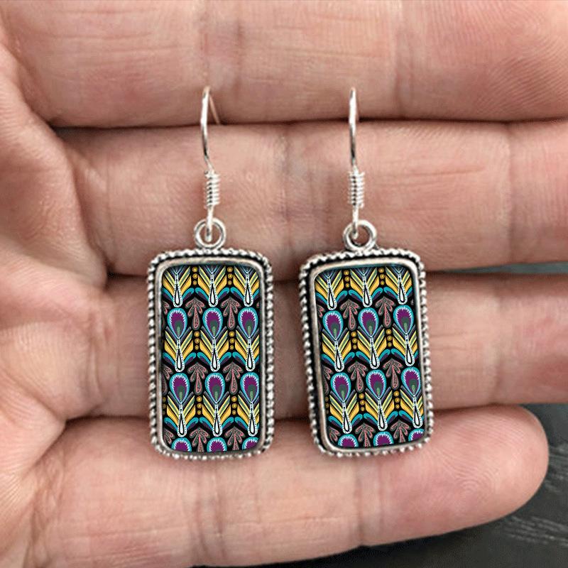 Bohemian Ethnic Women's Peacock Feather Pattern Square Retro Short Pendant Earrings Women