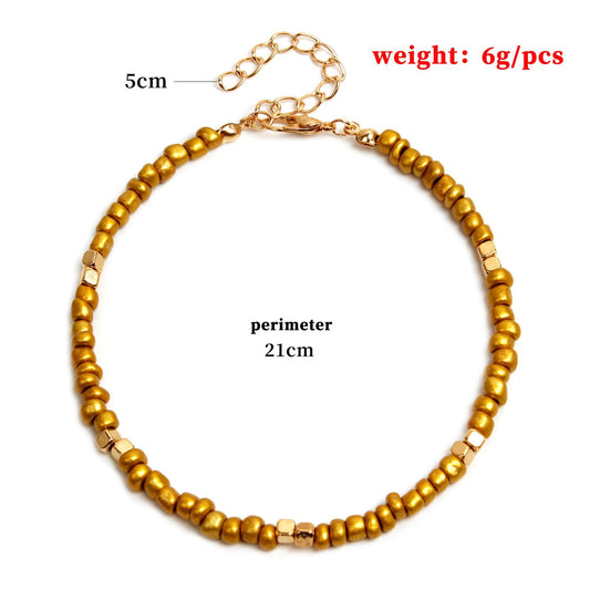 Jewelry gold rice beads beach anklet women's fashion hand-threaded square alloy foot ornaments