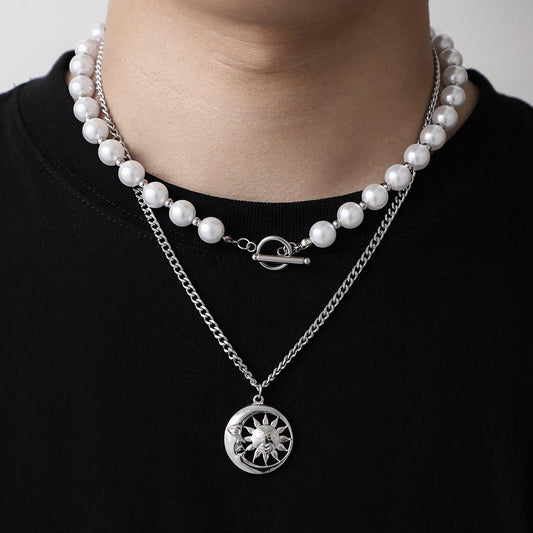 Fashion ins stainless steel double layer pearl moon sun chain advanced retro all-match men's necklace