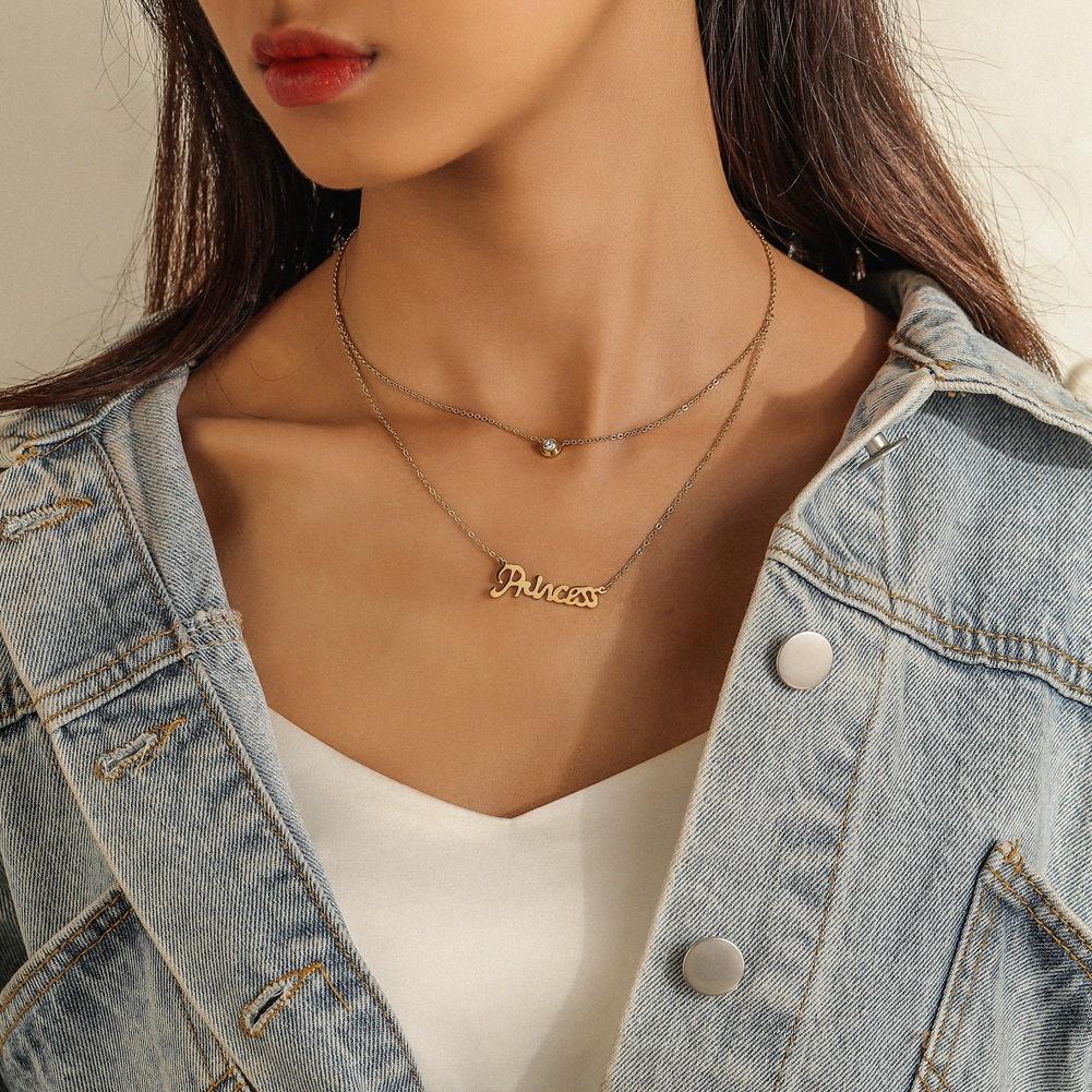 Stainless Steel Necklace Temperament Simple Design Letter Diamond Clavicle Chain Double Chain Necklace