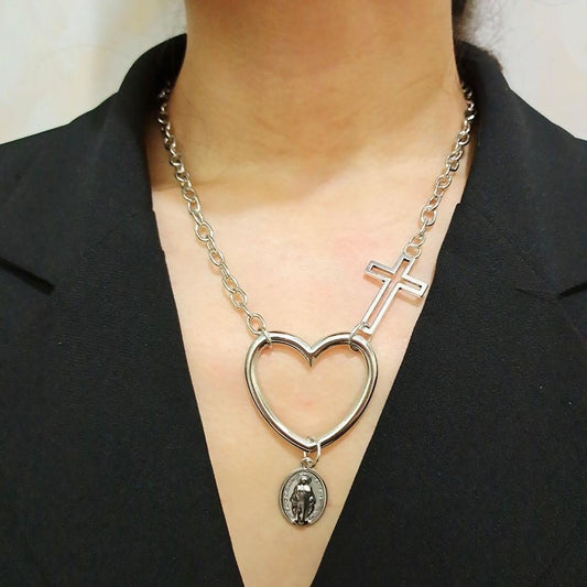 Jewelry Exaggerated Hollow Peach Heart Hollow Cross Virgin Mary Pendant Necklace Female