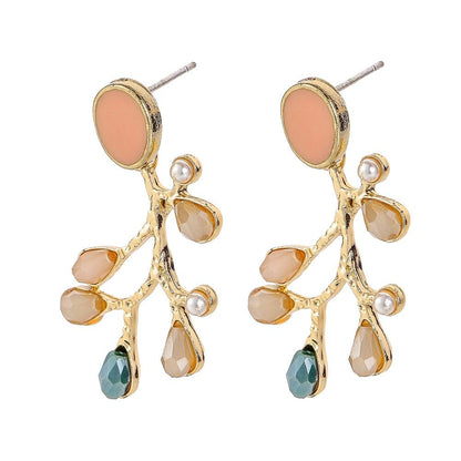 Temperament drop oil water drop resin pearl branch earrings small fresh pastoral forest series ladies earrings