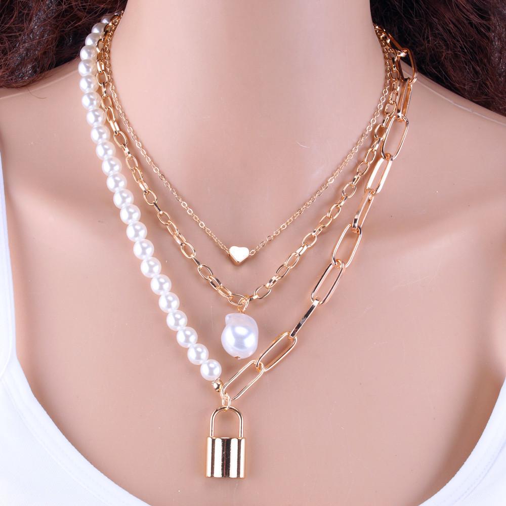 Necklace Jewelry Retro Multilayer Copper Heart Baroque Pearl Accessories Necklace Two-Piece Set