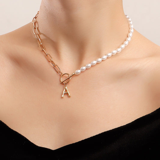 Jewelry niche simple OT buckle half imitation pearl letter A pendant necklace female ins all-match necklace