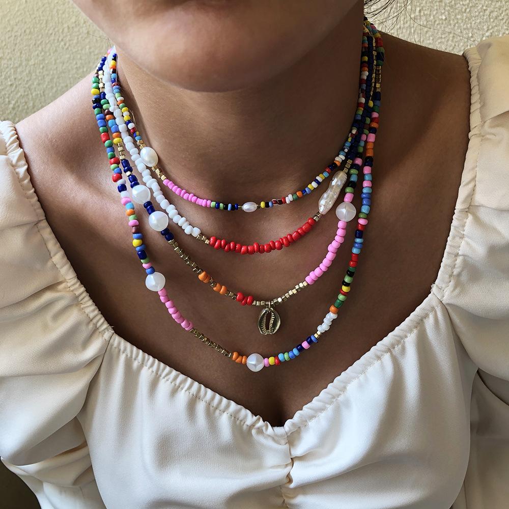 N777 Bohemia Vacation Rice Bead Necklace Female Fashion Ethnic Imitation Pearl Clavicle Chain Alloy Pendant
