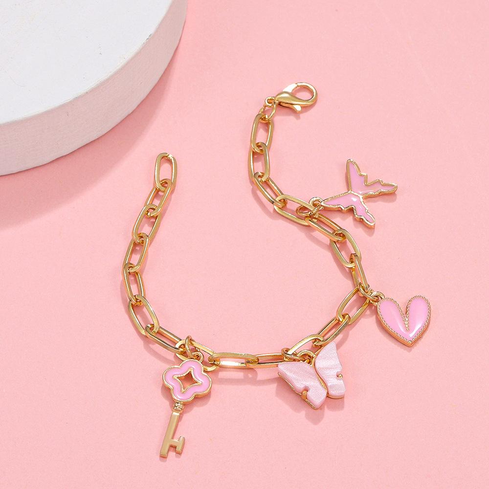 Pink Butterfly Heart Bracelet Female Punk Hip Hop Thick Chain Bracelet Temperament Girlfriend Gift