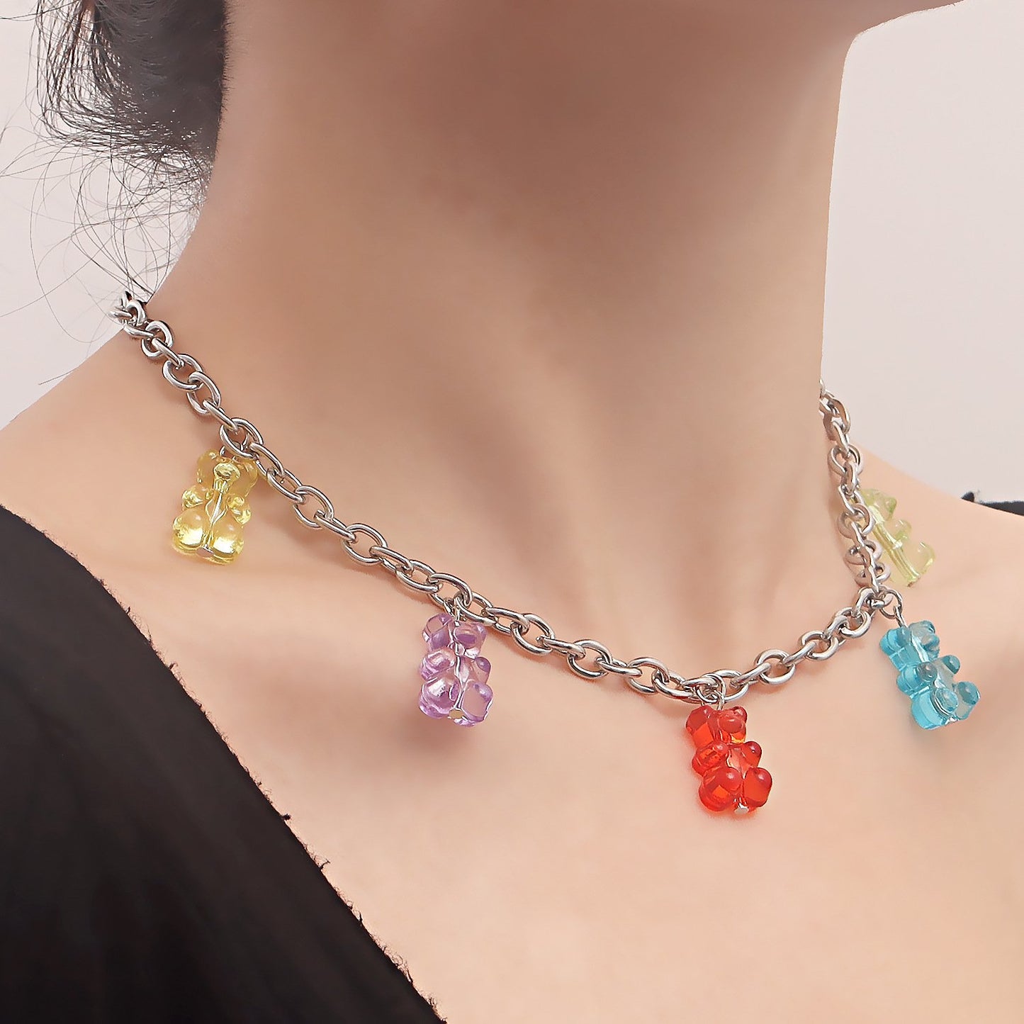 Jewelry geometric exaggerated O word chain colorful bear pendant necklace femininity small fresh necklace