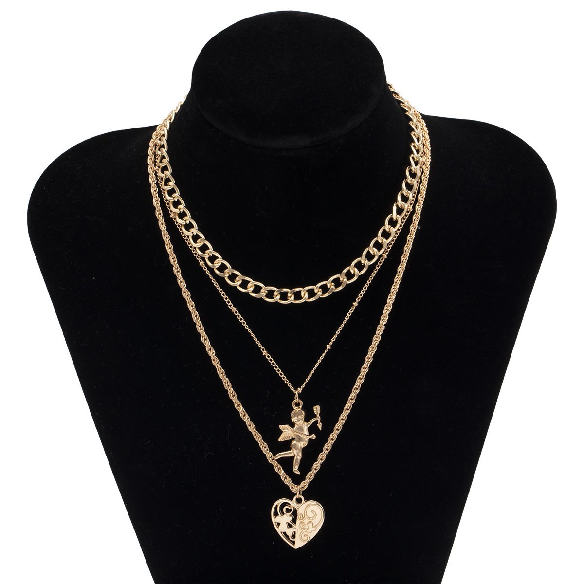 Jewelry Creative Cupid Embossed Necklace Vintage Hollow Flower Heart Shaped Angel Set Necklace