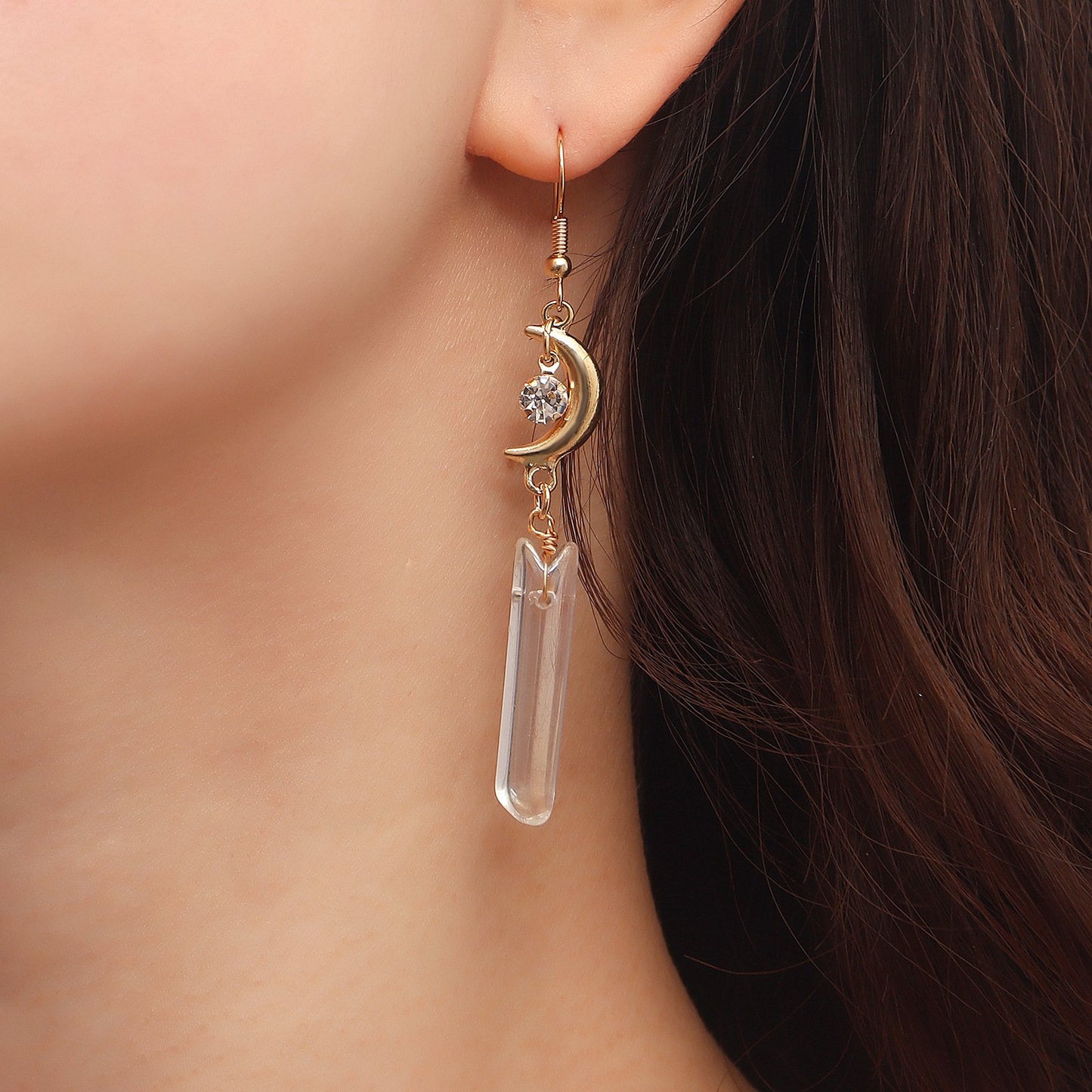 Jewelry punk long tassel transparent white crystal crescent pendant earrings female ins high-end sense