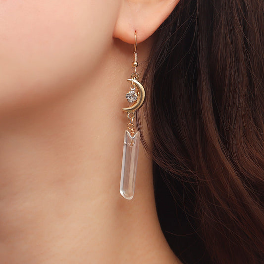 Jewelry punk long tassel transparent white crystal crescent pendant earrings female ins high-end sense