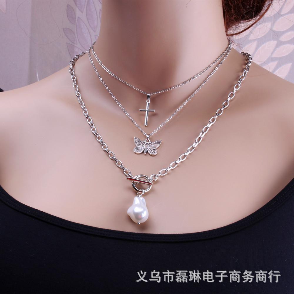 Jewelry Retro Multi-layer Cross Baroque Pearl Butterfly Necklace Female Detachable Three-piece Set