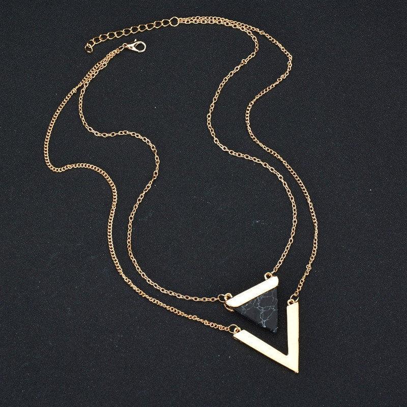 Popular official website with the same triangle turquoise pendant necklace V-shaped double-layer clavicle chain
