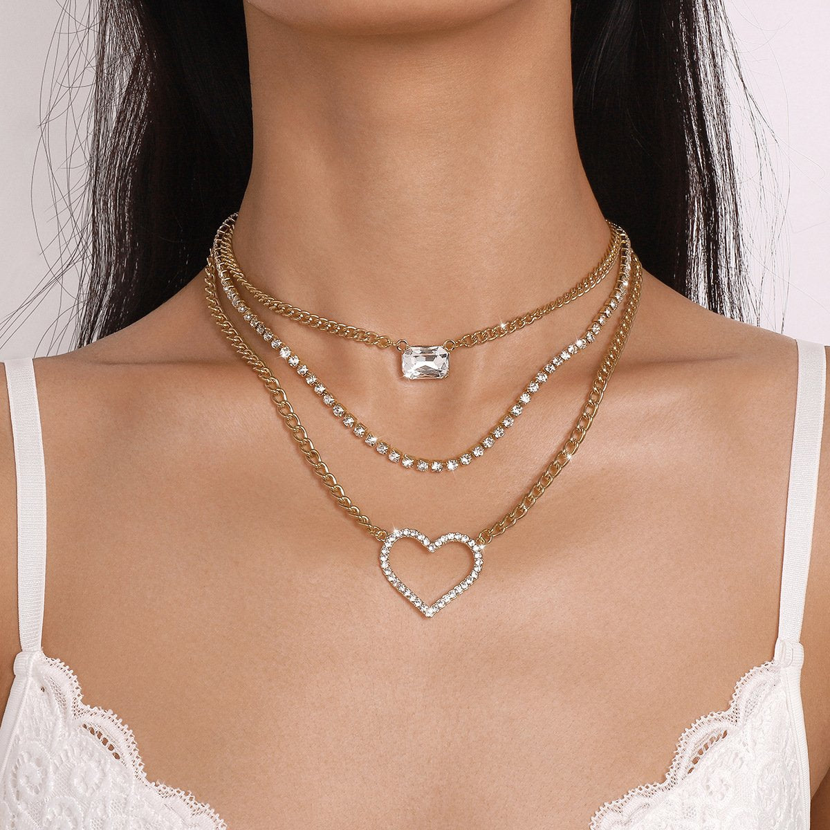 N1483 jewelry, layered sweet and cool girl love necklace rhinestone multi-layered punk hip-hop necklace