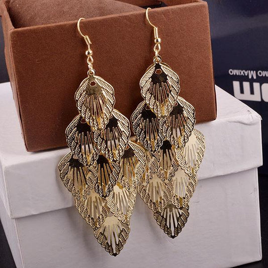 Long Hollow Leaf Earrings Fashion Metal Earrings