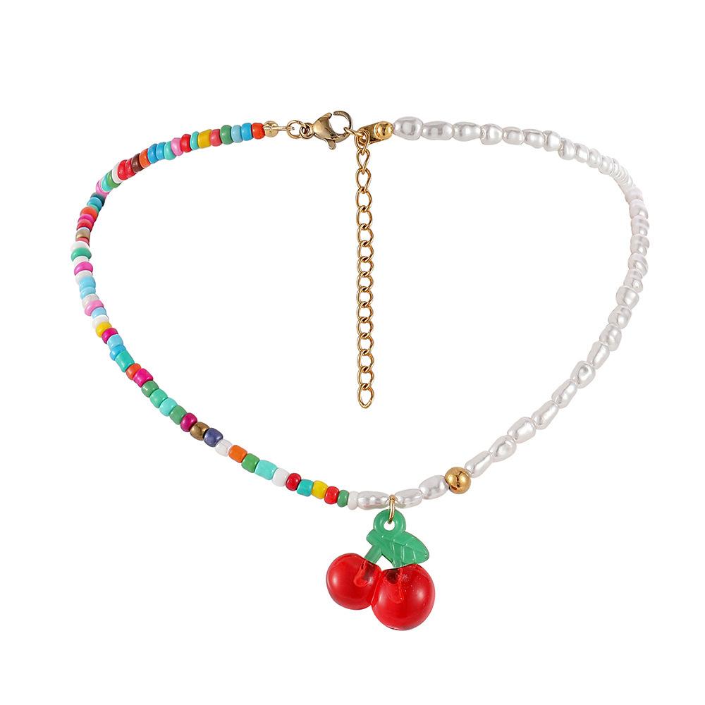 Trendy bohemian color rice beads cherries collarbone chain cute pearl cherry necklace jewelry female