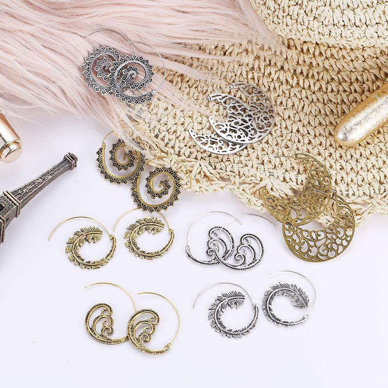 Vintage Spiral Earrings Fashion Ethnic Exaggerated Swirl Gear Earrings Metal Distressed Earrings