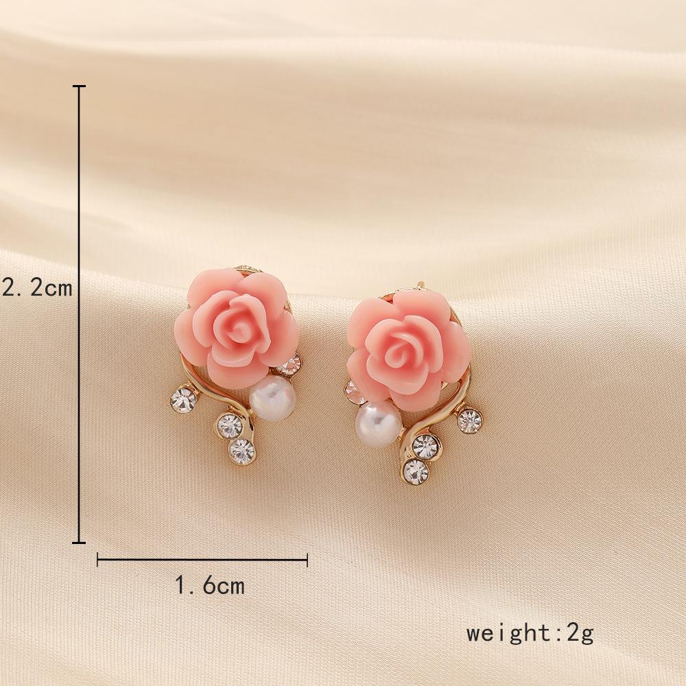 French Elegant Temperament Beautiful Women's Metal Rose Flash Diamond Pearl Branch Earrings Stud Earrings