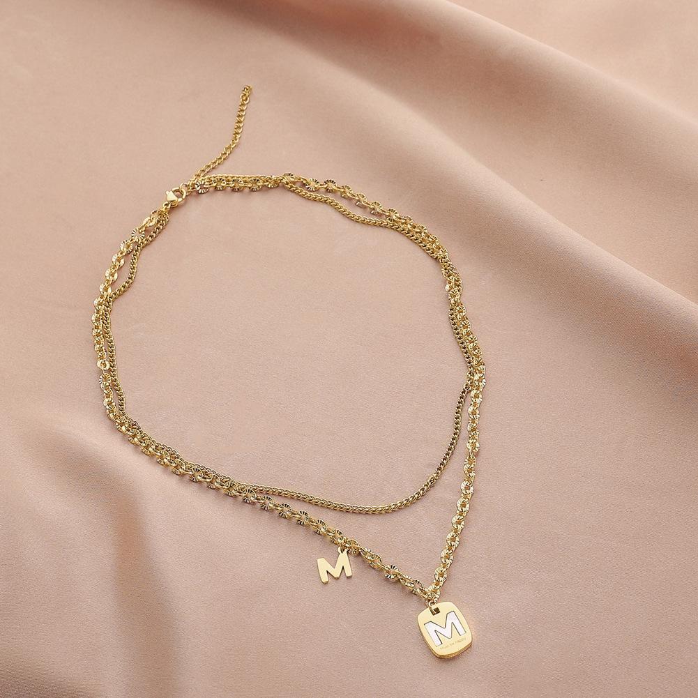 Fashion Stainless Steel Geometric Gold Letter M Shell Pendant Titanium Steel Double Layer Necklace Clavicle Chain Women