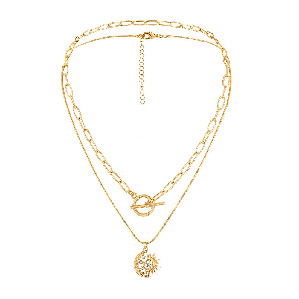 Frosty double-layer gold star moon sun OT buckle chain retro simple all-match ladies necklace