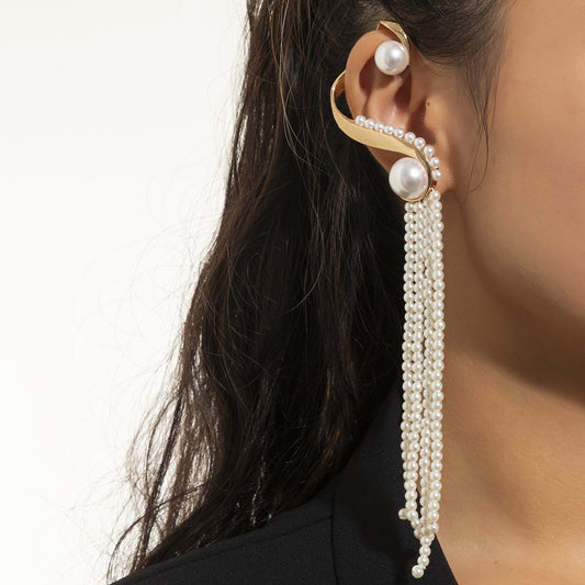 Jewelry retro design sense pearl long tassel earrings temperament metal S-shaped ear bone clip female