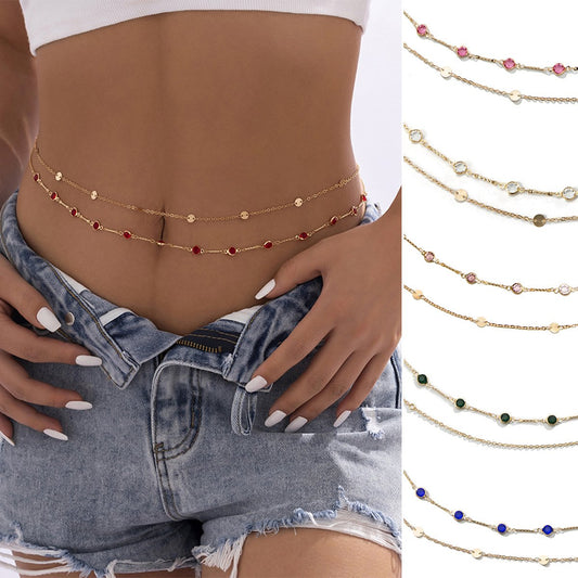 Jewelry Versatile Sequins Thin Chain Waist Chain Simple Color Zircon Stitching Double Layer Body Chain Women