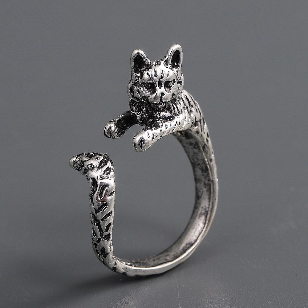 Gothic dark kitten ring male and female retro niche design opening geometric index finger ring animal ring