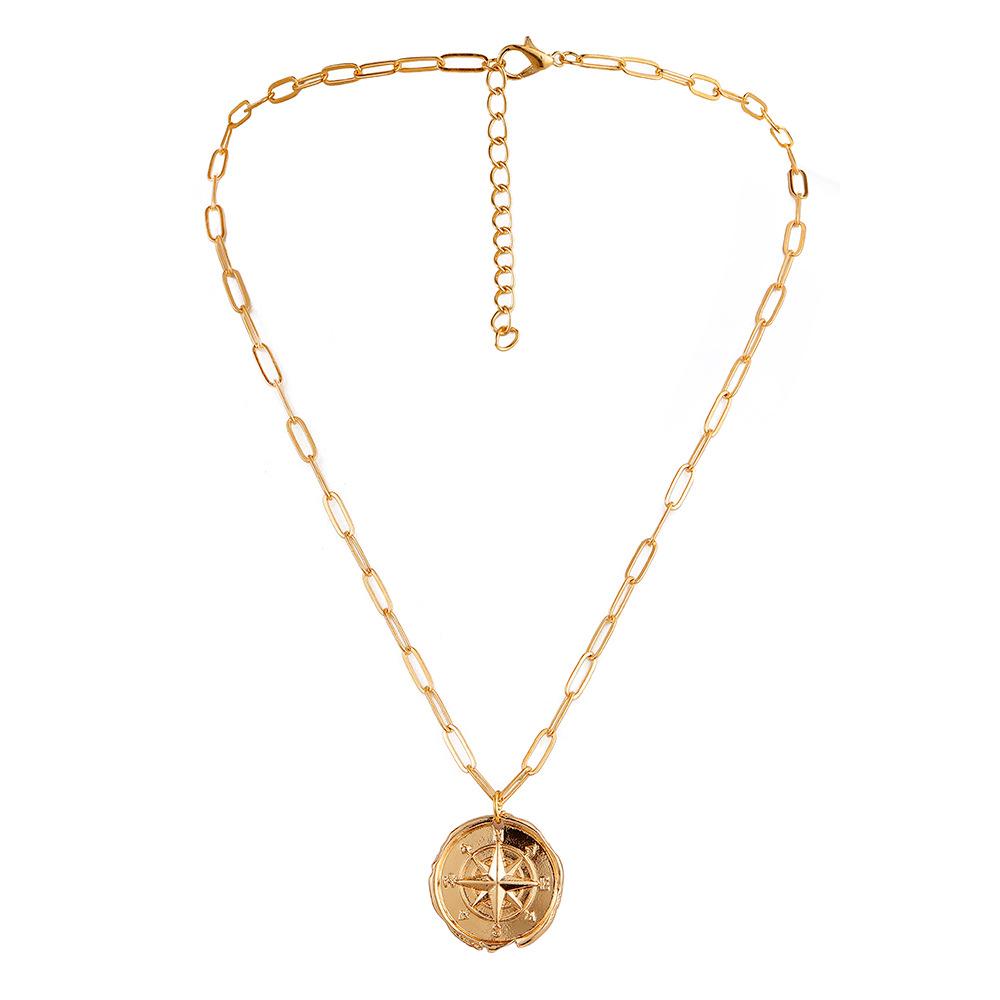 Fashion simple light luxury niche metal hollow retro compass coin pendant necklace female