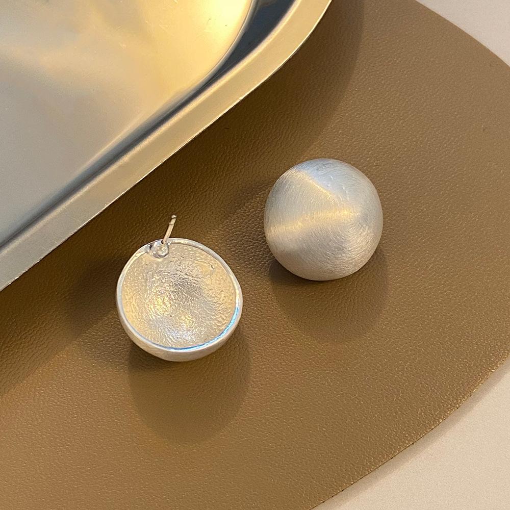 Brushed hemispherical earrings women's French light luxury niche design matte frosted round earrings ins trend