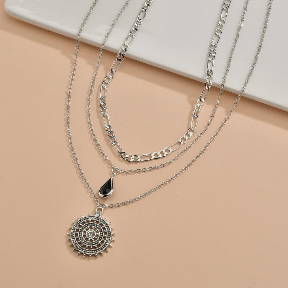 Fashion Water Drop Resin Bound Diamond Round Alloy Pendant Necklace Vintage Multilayer Necklace Accessories