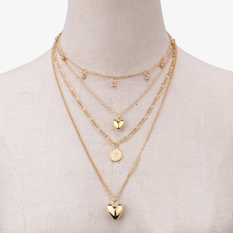 Trendy personality sequins peach heart pendant collarbone chain retro simple multi-layered necklace necklace