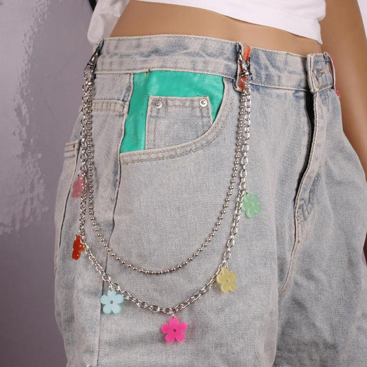 Jewelry double-layer candy-colored resin small flower waist chain street shooting hip-hop ball chain pants chain