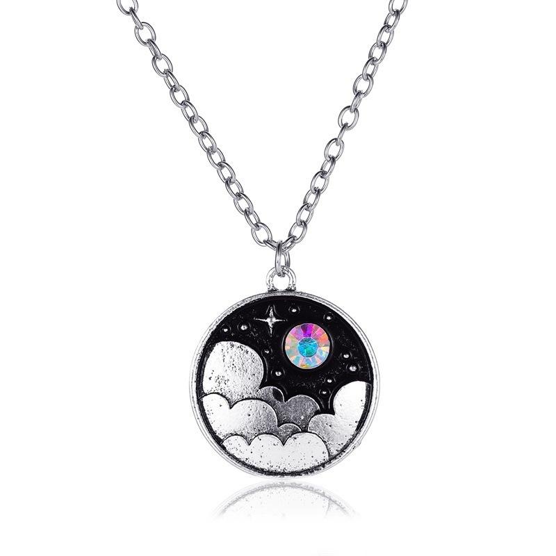 Creative Color Night Sky Necklace Retro Literary Moon Clouds Year-old Clavicle Chain Personality Cartoon Geometric Round Pendant