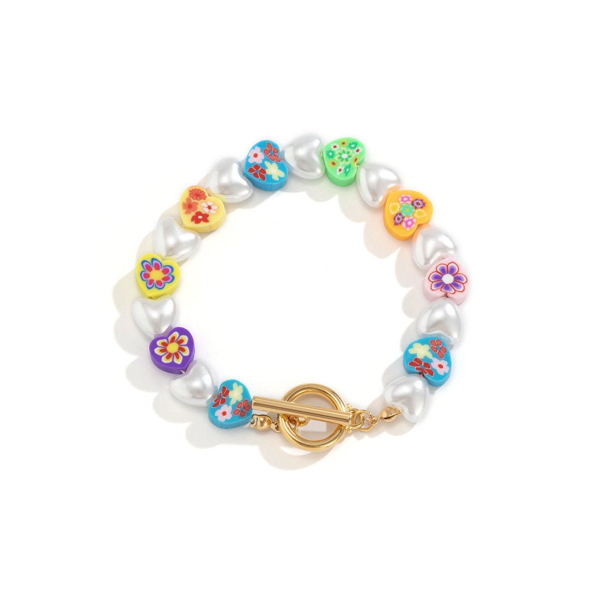 Ornament soft pottery mixed color pattern heart-shaped beaded bracelet simple imitation pearl OT buckle bracelet for women