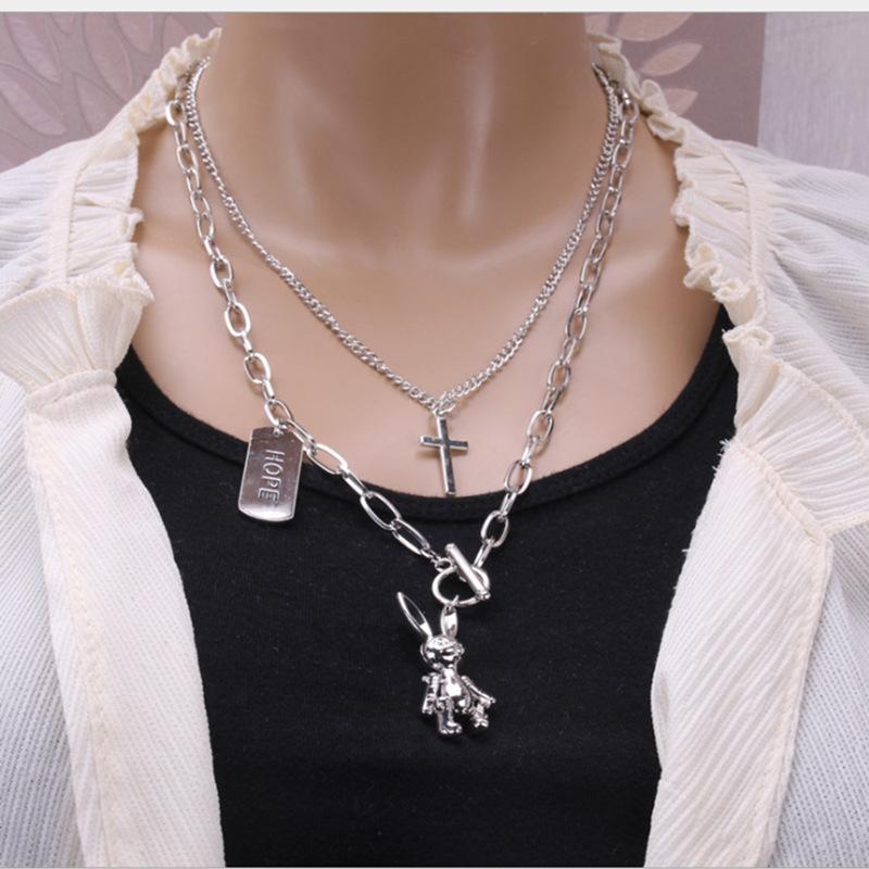 ins multi-layer hip-hop fashion cross necklace HOPE movable rabbit accessories personality pendant men and women tide