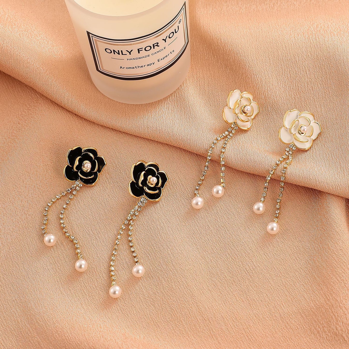 Retro Diamond Black Camellia Earrings Women's Fashion Personality Temperament Long Tassel Pearl Earrings