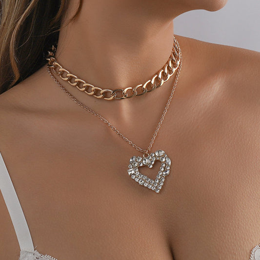 N126 Hip Hop Necklace Light Luxury Stacked Heart Rhinestone Necklace Retro Personality Cuban Chain Necklace