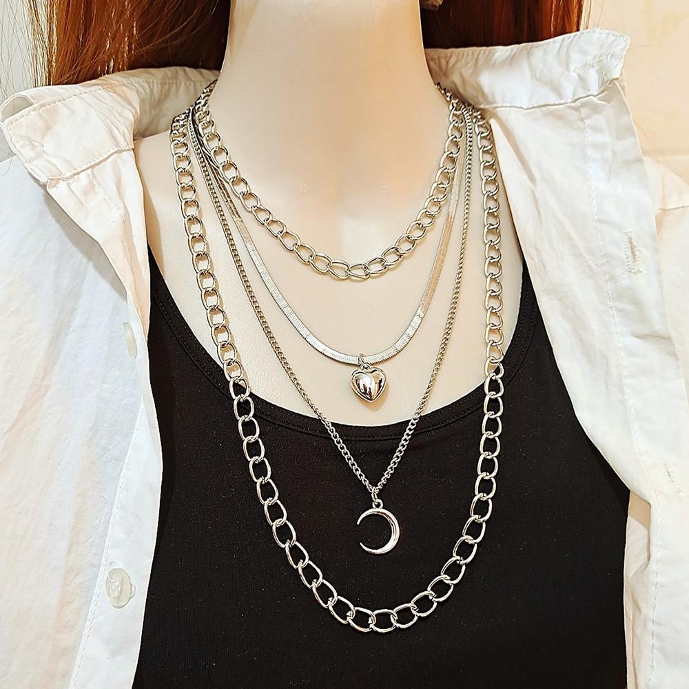 Jewelry geometric multi-layer love moon pendant necklace female retro hip-hop lock necklace
