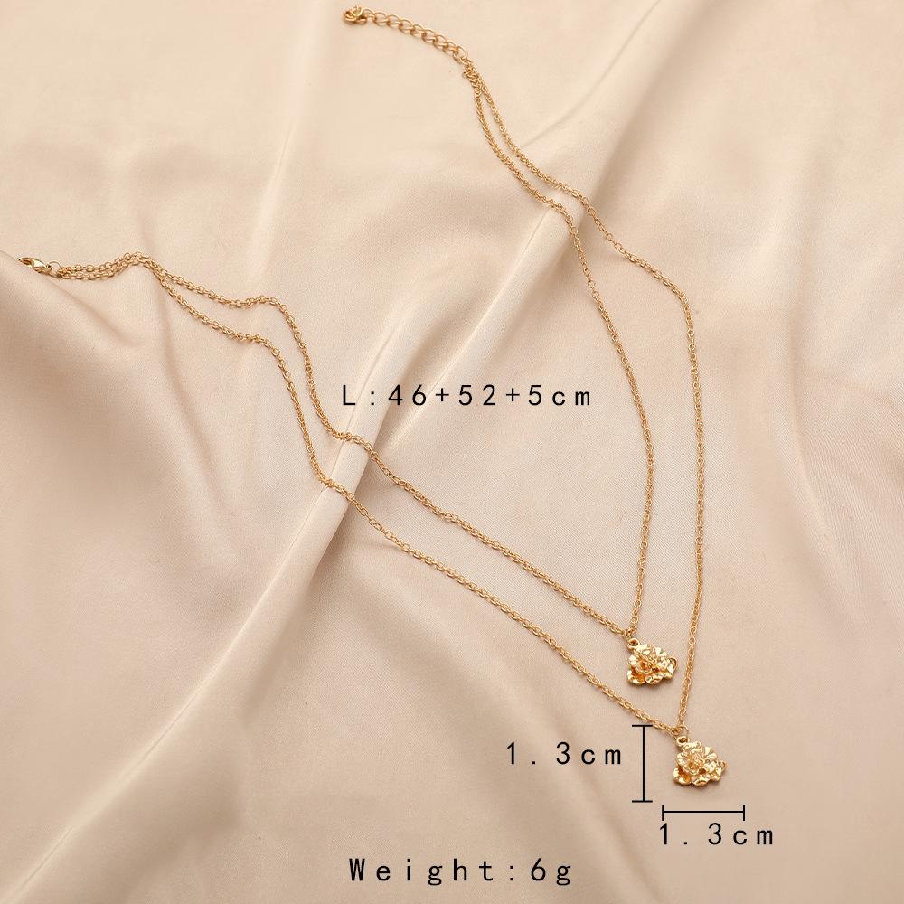 Retro Simple Fashion Camellia Pendant Necklace Double Stacked Cross Chain Ladies Jewelry