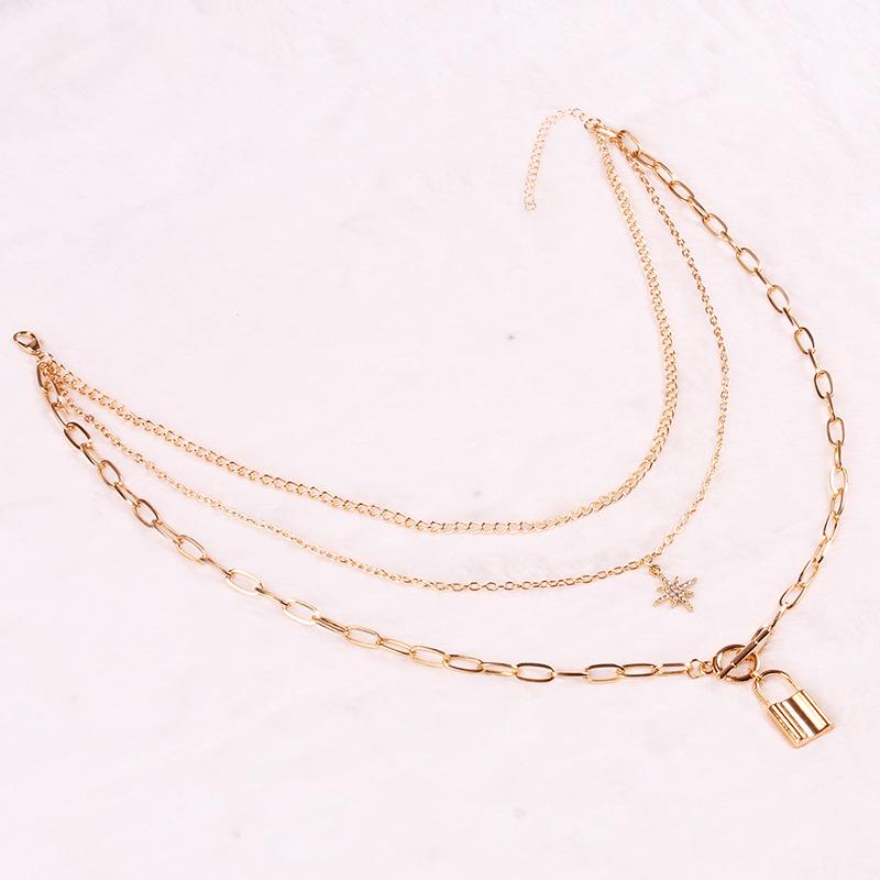 Necklace Retro Temperament Padlock Geometric Necklace Female Simple Padlock Metal Chain Three Layers Necklace