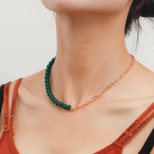 Jewelry simple stitching half round green agate beaded necklace female creative trend personality necklace