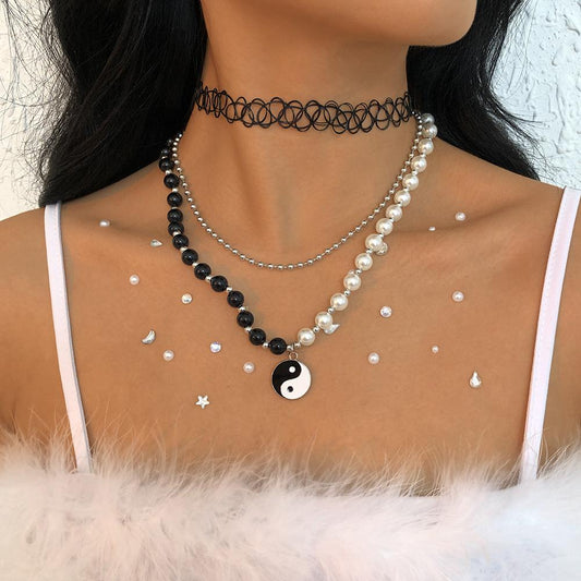 N9661 Jewelry Contrasting Color Pearl Bead Necklace Dripping Oil Tai Chi Gossip Creative Sexy Necklace Female