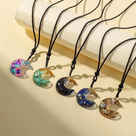 Original transparent resin original stone moon pendant original handmade turquoise color shell multicolored stone crescent moon necklace