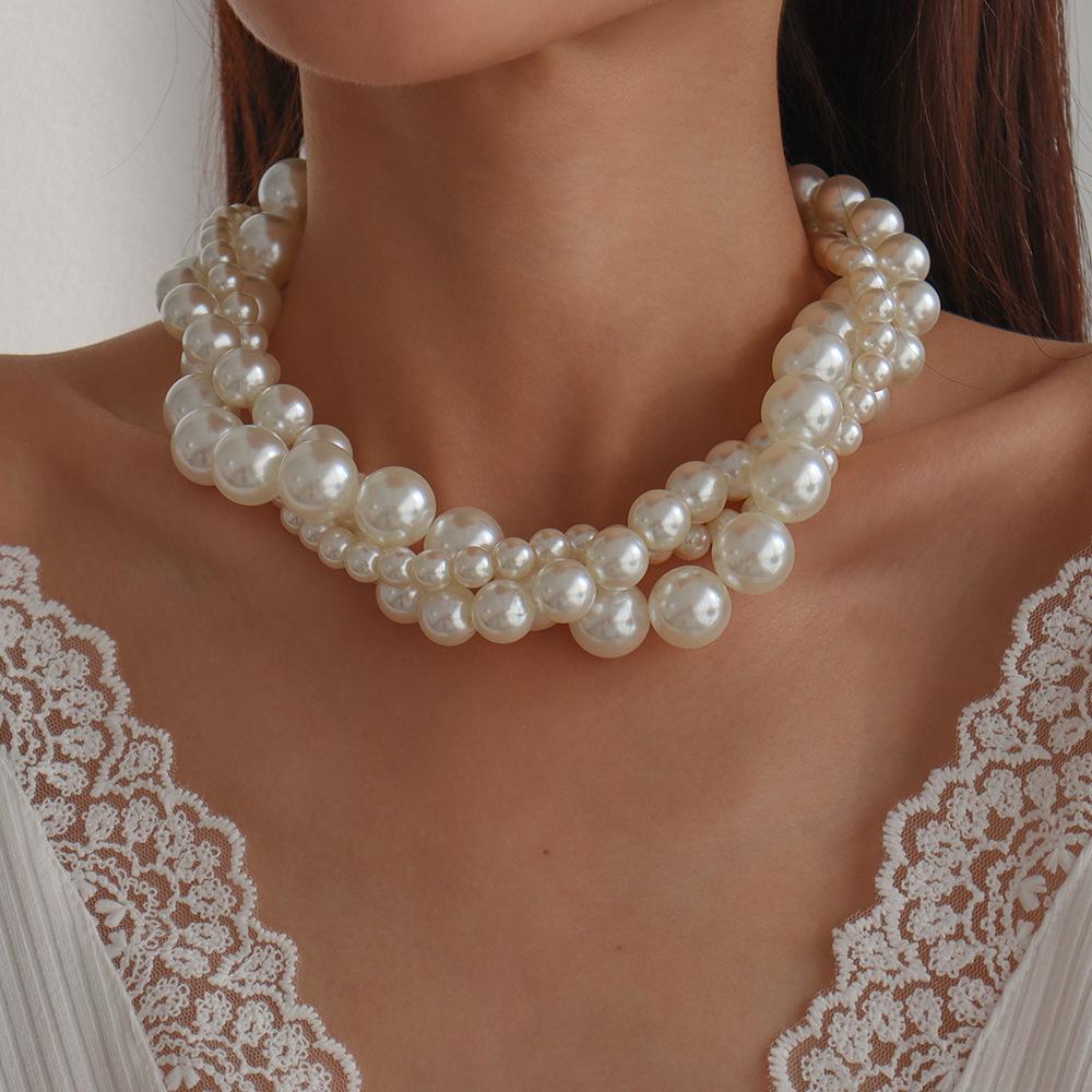 N15 Retro Elegant Fashion Choker Necklace Exaggerated Pearl Geometric Personality Necklace Female