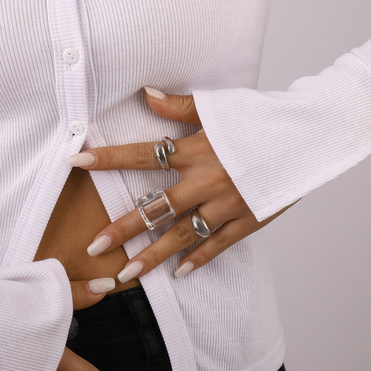 R786 Niche French Personality Fashion Ring Widened Crescent Glossy Acrylic Transparent Geometric Ring Set